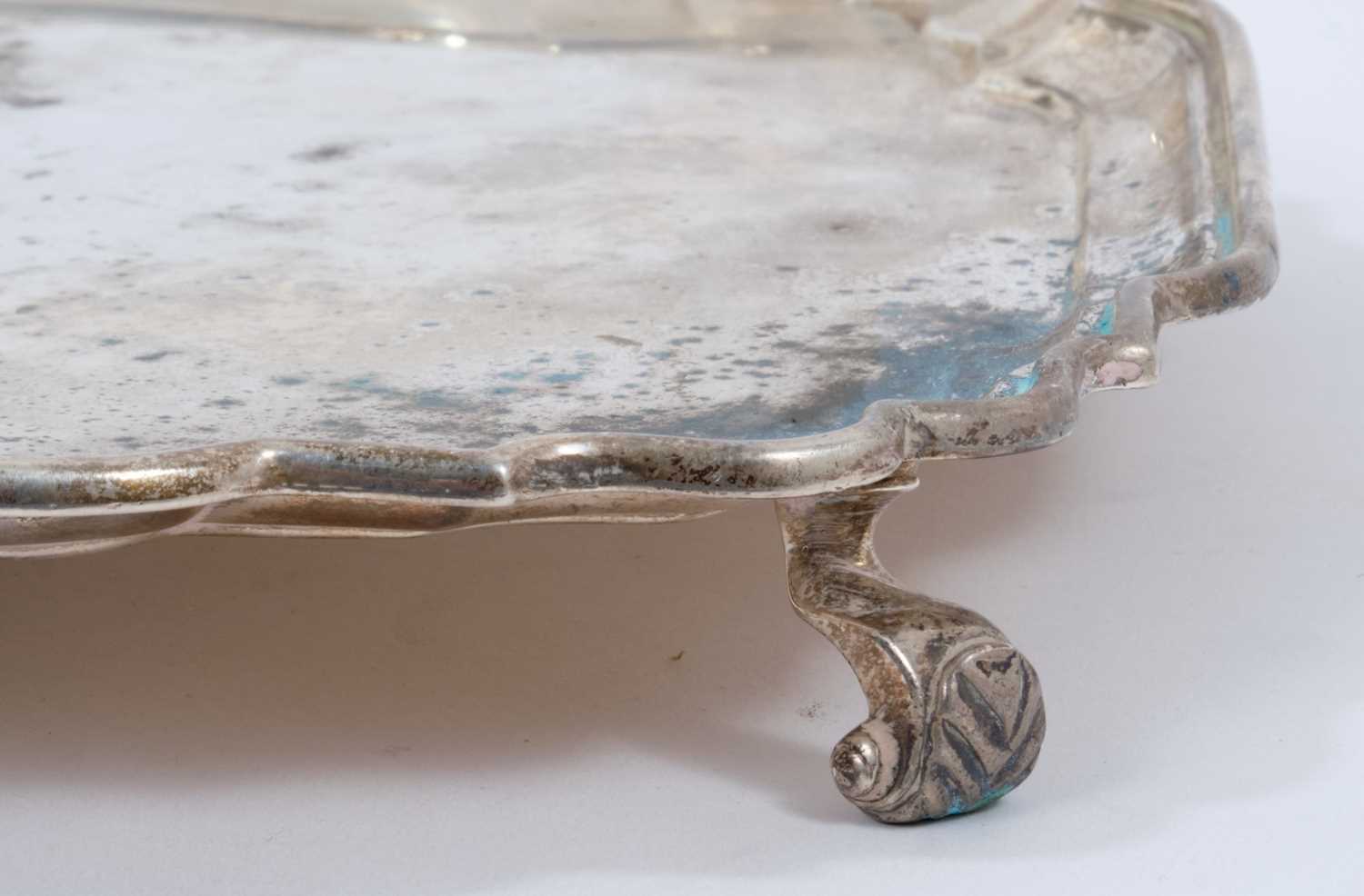 George V silver salver of shaped square form with piecrust border, on four leaf scroll feet - Image 2 of 2