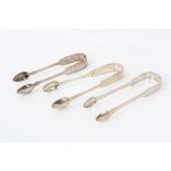 Three pairs Provincial (Exeter) silver sugar tongs,