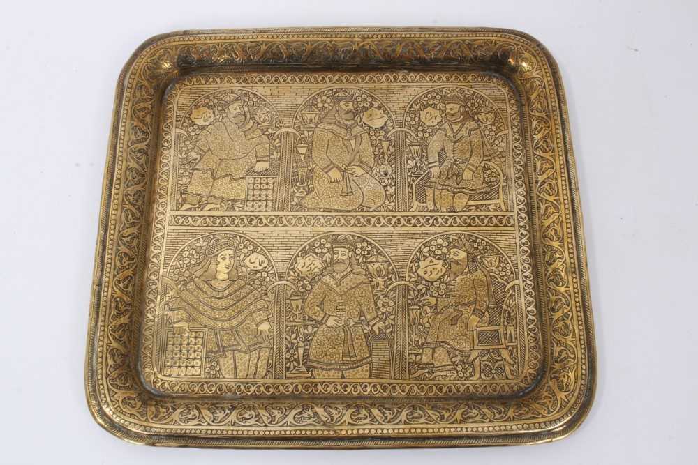 Interesting Islamic tray of square form with engraved decoration of Statesmen