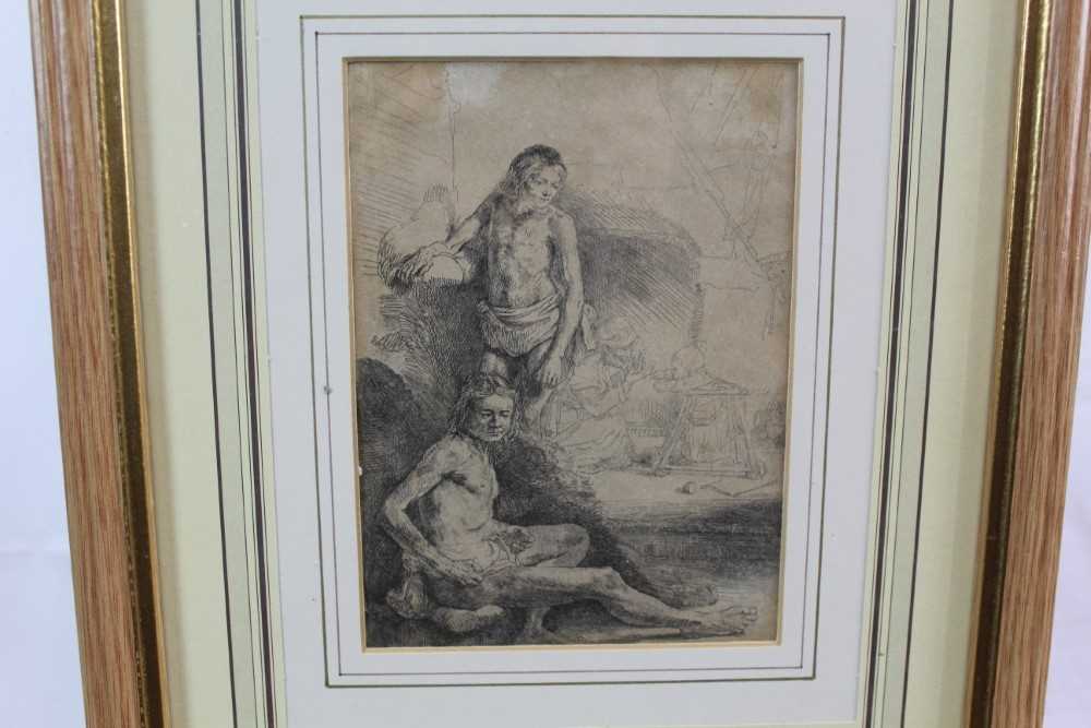 Rembrandt etching - two male nudes, a woman and baby in the background