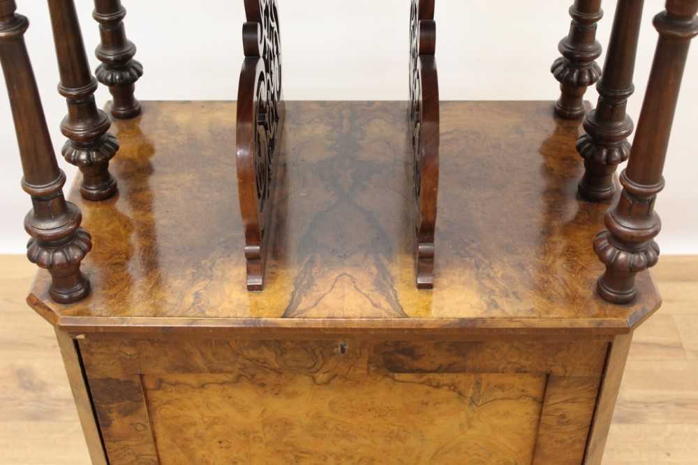 Victorian inlaid burr walnut veneered Canterbury with pierced brass galleried top, pierced divisions - Image 5 of 6
