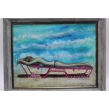 Linda Sutton, mixed media painting of a sunbathing woman, framed, signed lower right, titled 'The Be