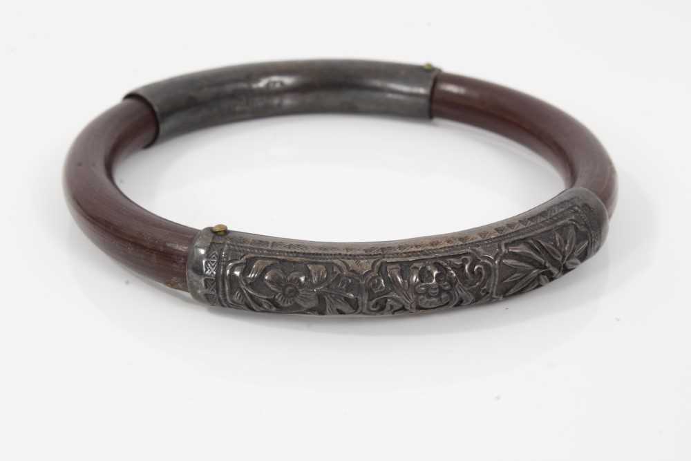 Two 19th century Chinese carved bamboo and silver mounted bangles and a Chinese silver bracelet - Image 3 of 9