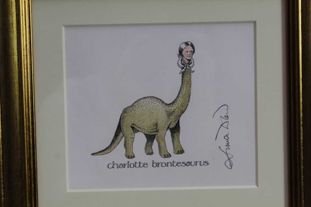 Simon Drew (b.1952) pen, ink and coloured pencil - Charlotte Brontesaurus, signed, in glazed gilt fr