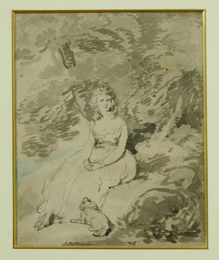Thomas Rowlandson (1756-1827) pen and wash, seated girl in landscape with dog