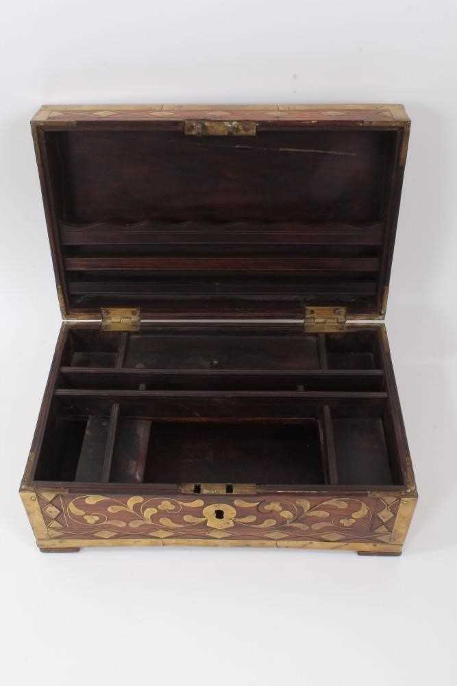 19th Century Anglo Indian brass bound teak writing / stationery box with ornate inlaid brass decorat - Image 3 of 3