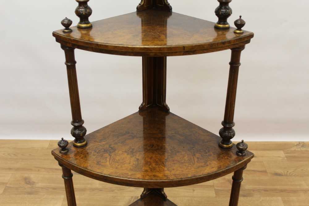 Good quality Victorian inlaid burr walnut veneered and parcel gilt bow front four tier corner whatno - Image 3 of 7