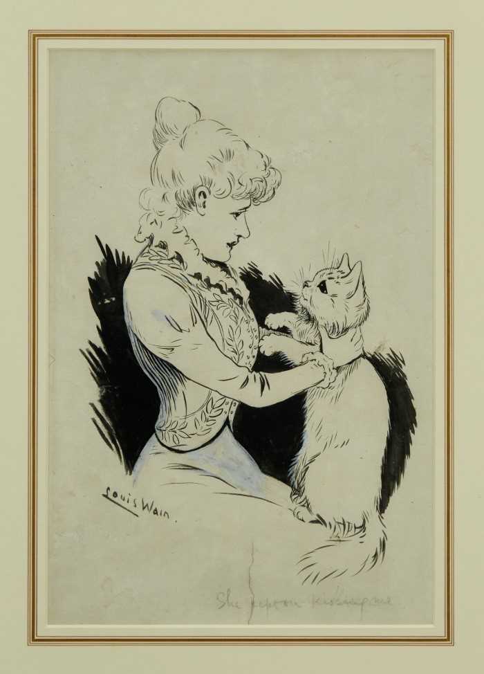 Louis Wain (1860-1939) pen and ink - “She kept on kissing me”, signed, in glazed gilt frame (paper t