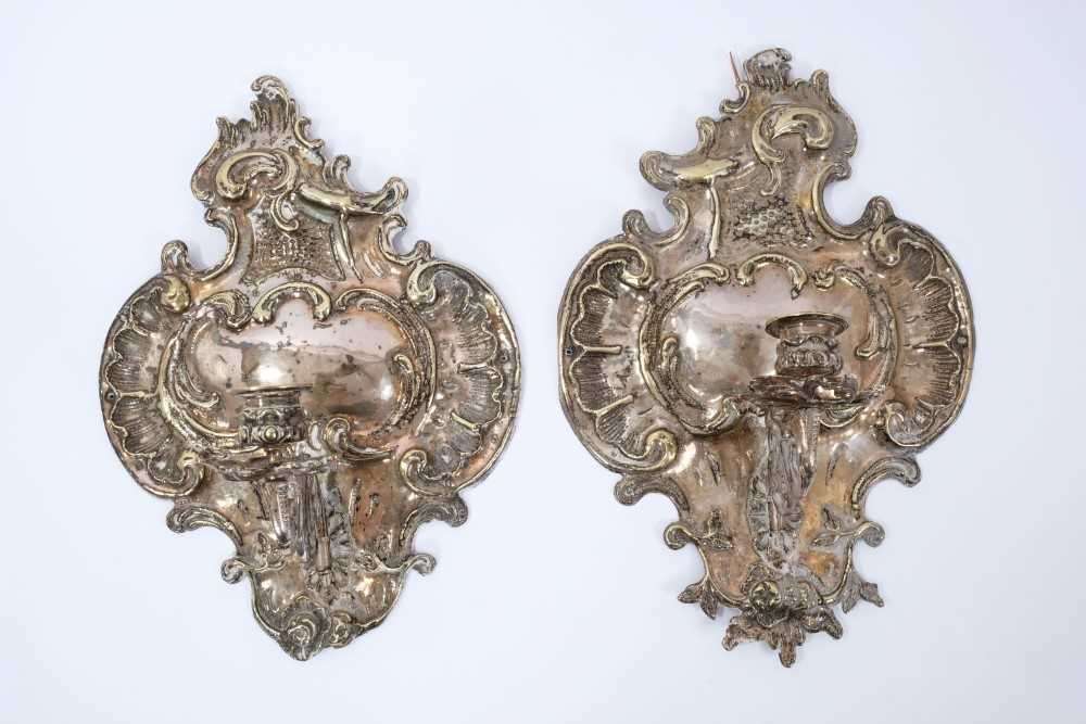 Pair of 19th century silvered rococo style wall sconces, cartouche form with projecting scrolled can