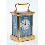 Halcyon Days miniature enamel carriage clock with floral decoration on blue ground, 7.5cm high
