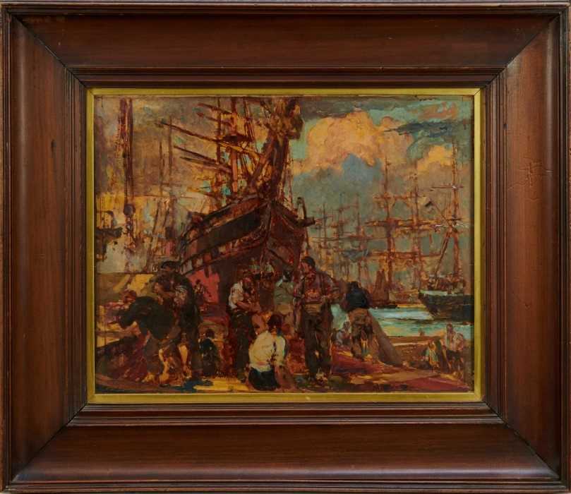 *Bernard Finegan Gribble (1873-1962) oil on board - a busy harbour, signed and dated 1956, 28.5cm x