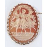 Carved shell cameo brooch depicting the Three Graces, in 9ct gold mount