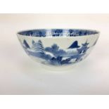 Chinese blue and white export porcelain bowl, late 18th century, painted with landscape scenes...