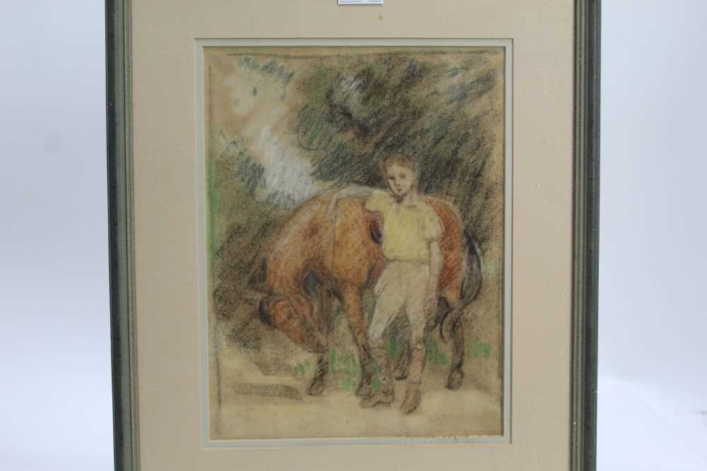 Percy Harland Fisher (1867-1944) pastel - a boy and a horse, in glazed frame