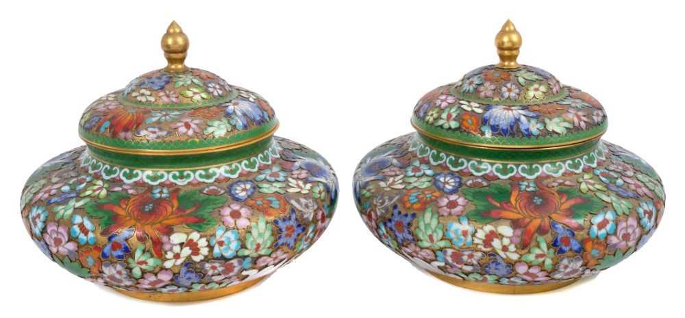 Pair of good quality Japanese cloisonné squat pots and covers