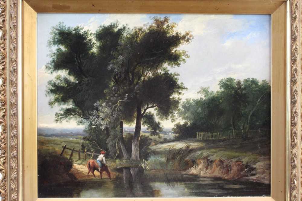 Joseph Paul (1804-1887) - Norwich School- oil on board- landscape with figure on horse at a stream