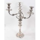 Old Sheffield plate three light candelabrum with scroll and leaf decoration