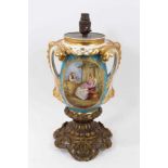 Good Sèvres style porcelain lamp, standing on an ormolu base, the lamp decorated with figural scenes