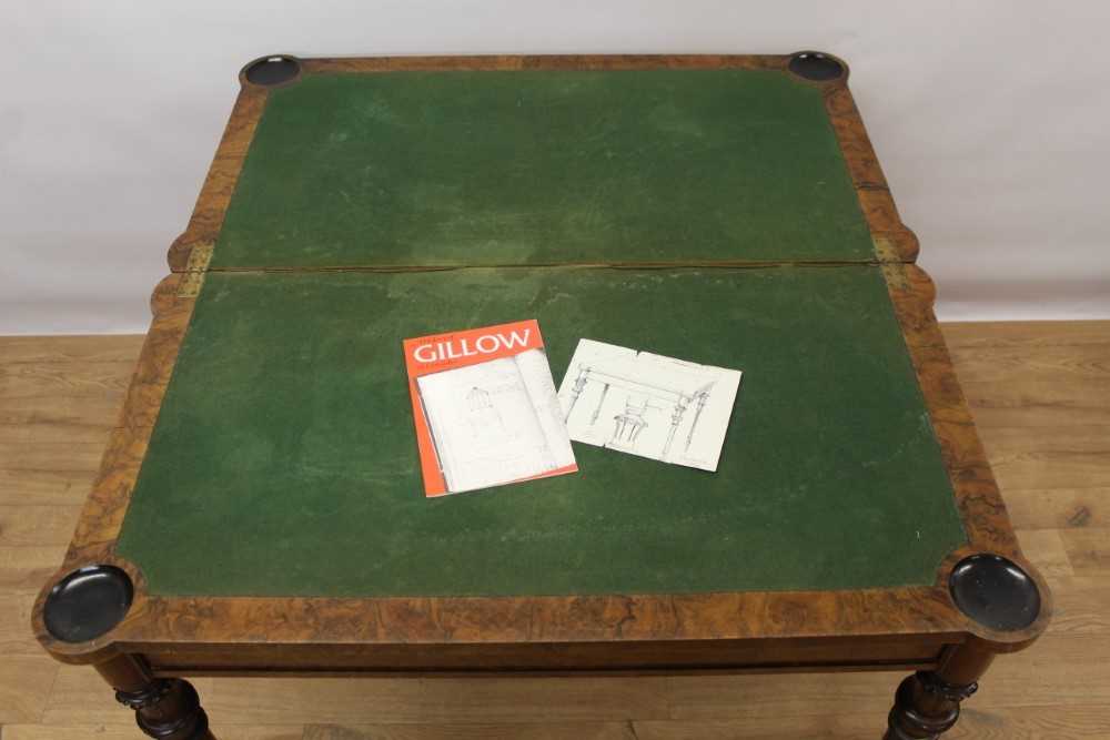 Rare Victorian burr walnut card table by Gillow & Co, rectangular fold over top with projecting angl - Image 6 of 10