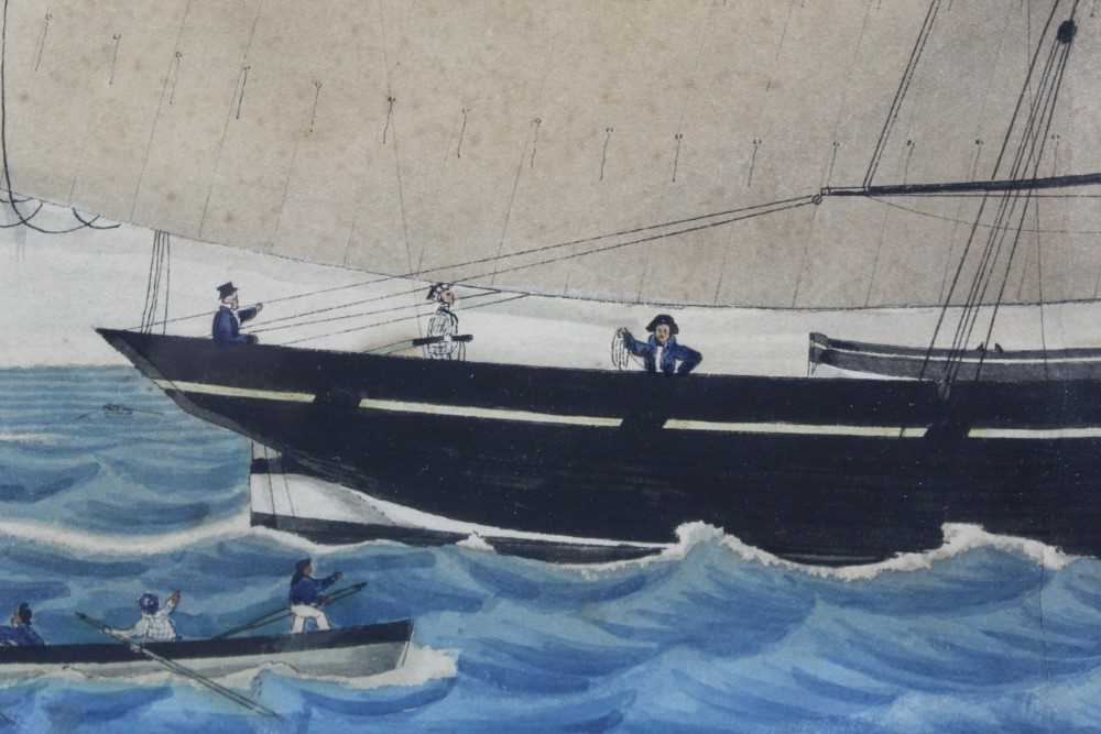 Mid 19th century ink and watercolour - Shipping off the Coast, 39cm x 56cm, in glazed gilt and eboni - Image 9 of 10