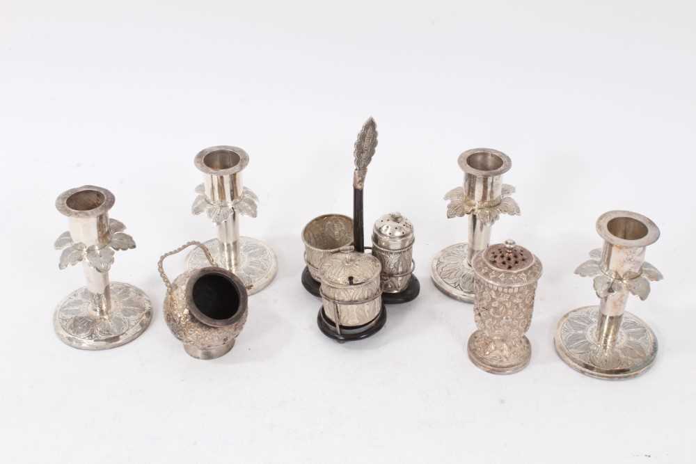 Eastern white metal candlesticks and other items