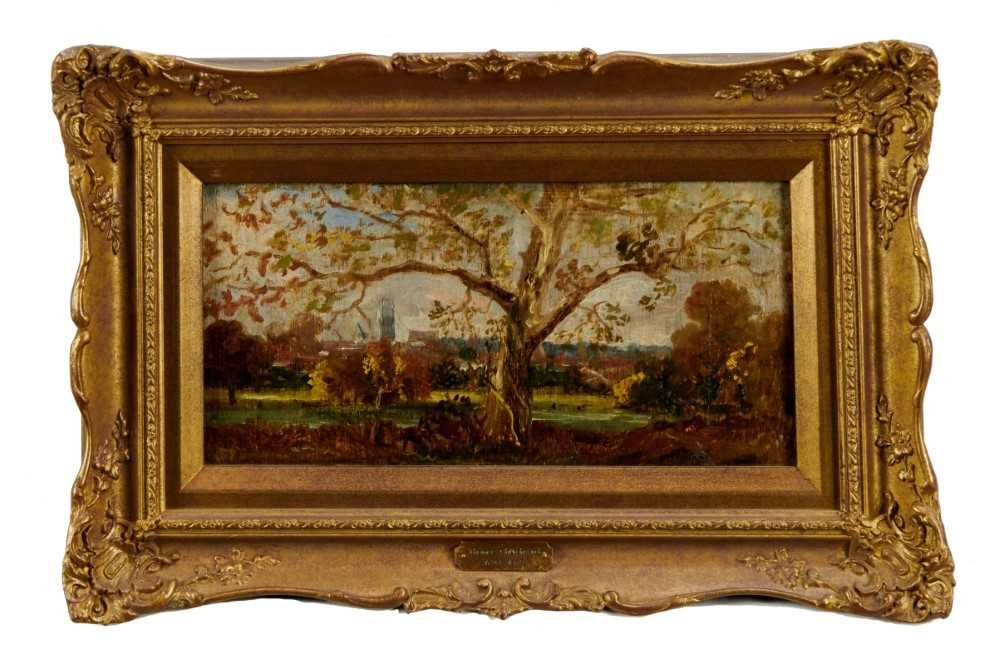 Thomas Churchyard (1798-1865) oil on panel - View through trees, inscribed 'Anna' verso, 13.5cm x 28