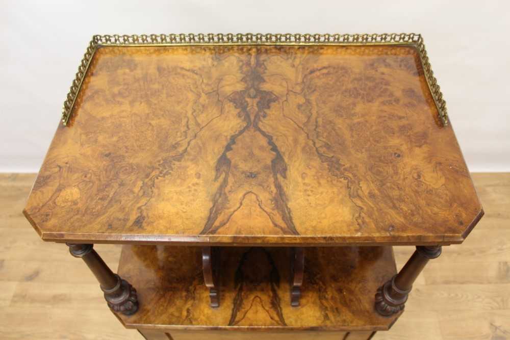 Victorian inlaid burr walnut veneered Canterbury with pierced brass galleried top, pierced divisions - Image 4 of 6