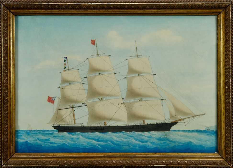 Mid 19th century watercolour - an East Indiaman at sea, titled verso with original text 'Assaye, Eas