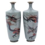 Very fine quality pair of Japanese cloisonné vases with dragons on grey ground - signed