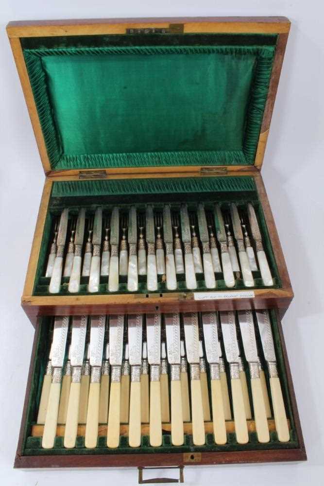 Victorian set of 12 pairs dessert knives and forks with 12 pairs fish eaters in a fitted case