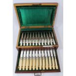 Victorian set of 12 pairs dessert knives and forks with 12 pairs fish eaters in a fitted case