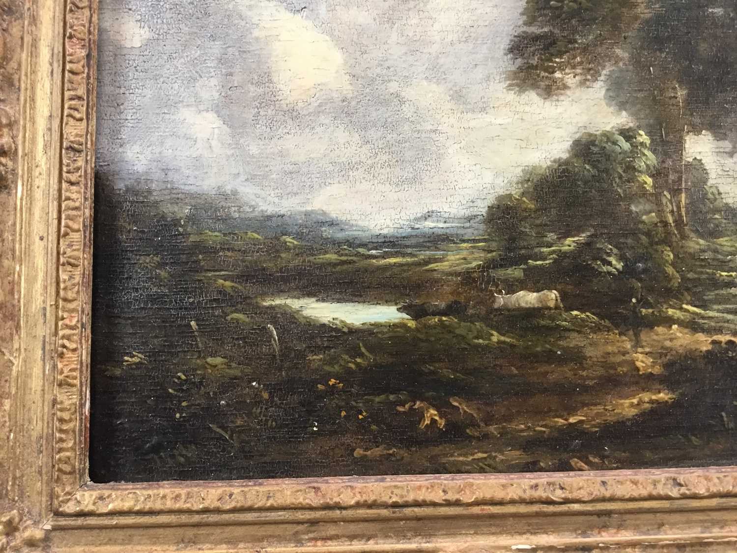 Manner of Thomas Gainsborough, oil on panel - cattle and figure in rural landscape, in gilt frame - Image 4 of 11