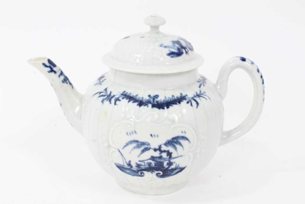 Rare Worcester small strap-fluted teapot and cover, circa 1755, painted in blue with the Fisherman a