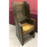 Unusual 19th century painted pine and elm crofters commode chair, with high curved back and hinged s