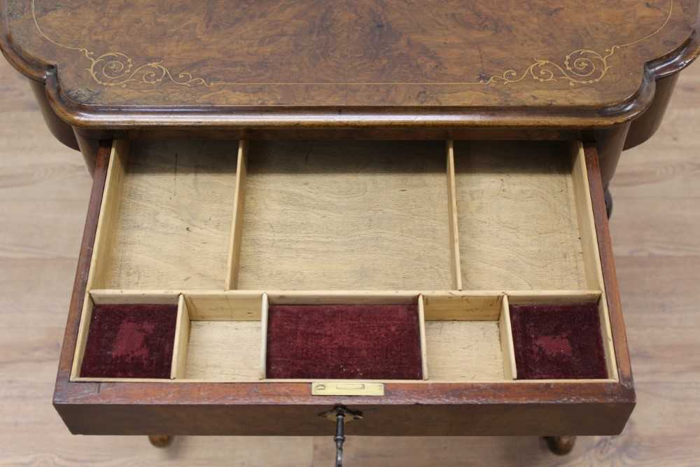 Victorian inlaid burr walnut veneered needlework table with quarter-veneered inlaid burr walnut top, - Image 4 of 7