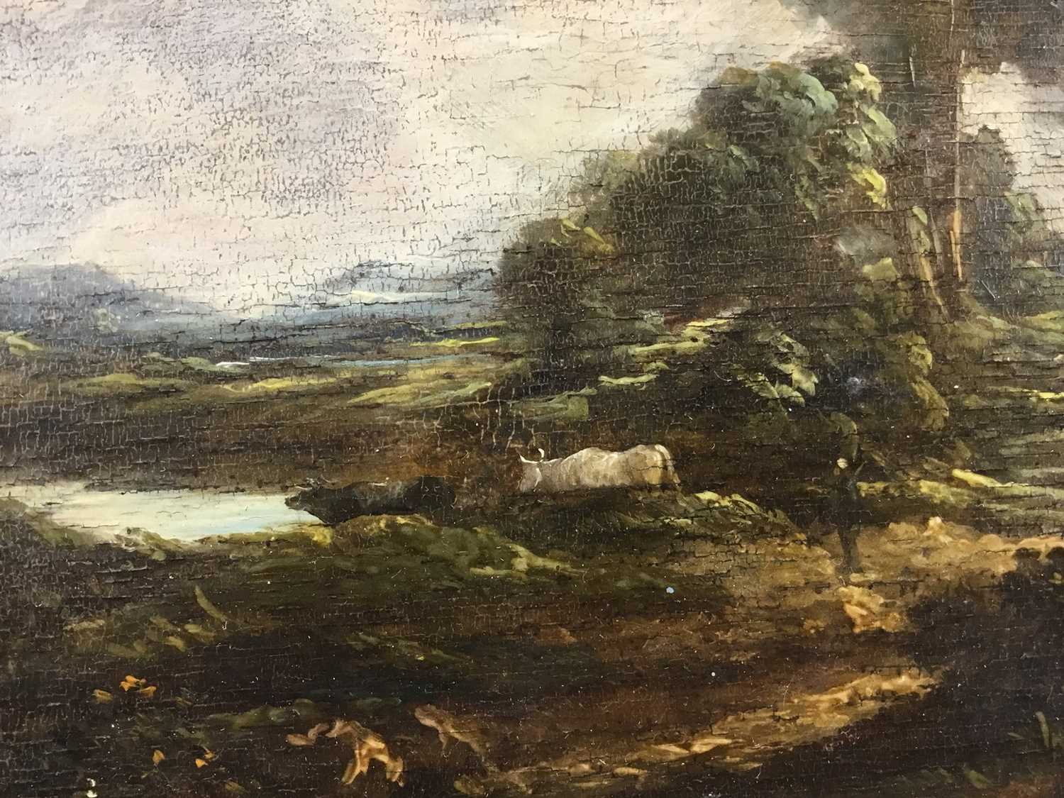 Manner of Thomas Gainsborough, oil on panel - cattle and figure in rural landscape, in gilt frame - Image 2 of 11