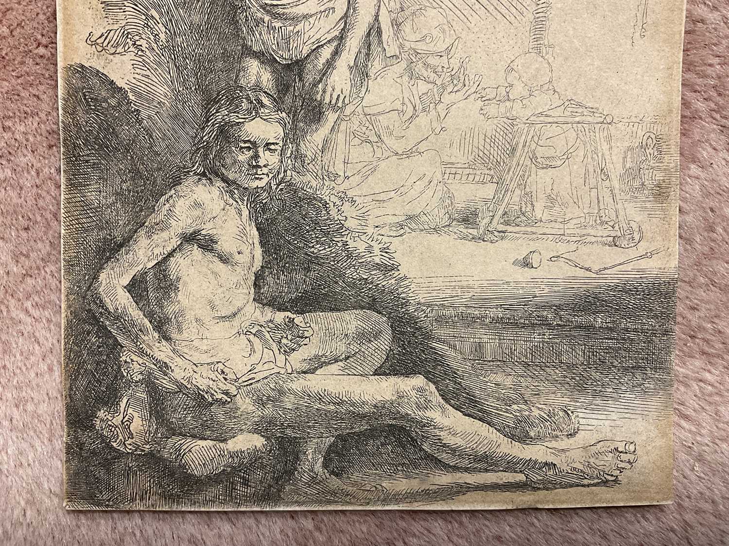 Rembrandt etching - two male nudes, a woman and baby in the background - Image 11 of 12