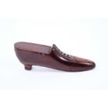 Victorian treen shoe snuff box, with brass laces, hinged lid and velvet interior, 13cm long