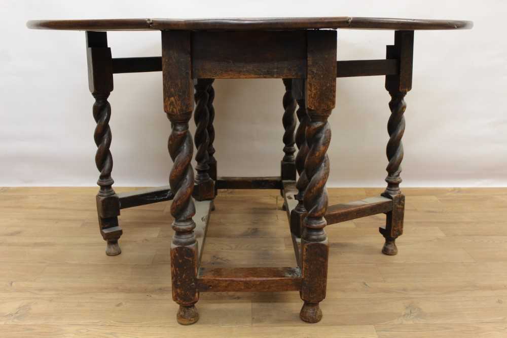 17th century style oak drop leaf table, elliptical hinged top on barley twist and block understructu - Image 3 of 4