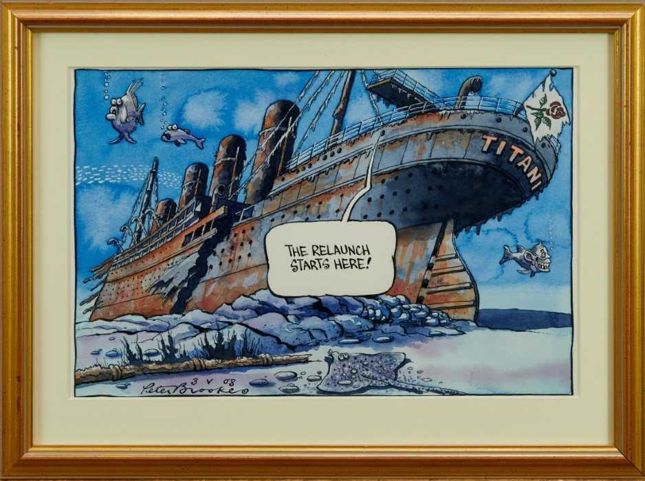 Peter Brookes (b.1943) pen, ink and watercolour cartoon - “The Relaunch Starts here”, signed and dat