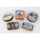 Set of five limited edition enamel boxes by Halcyon days and others, on an American theme