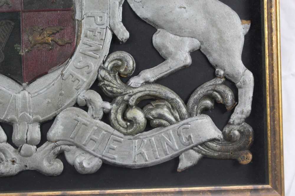 Unusual embossed and painted leather panel depicting the coat of arms, with 'God save the King', fra - Image 6 of 10