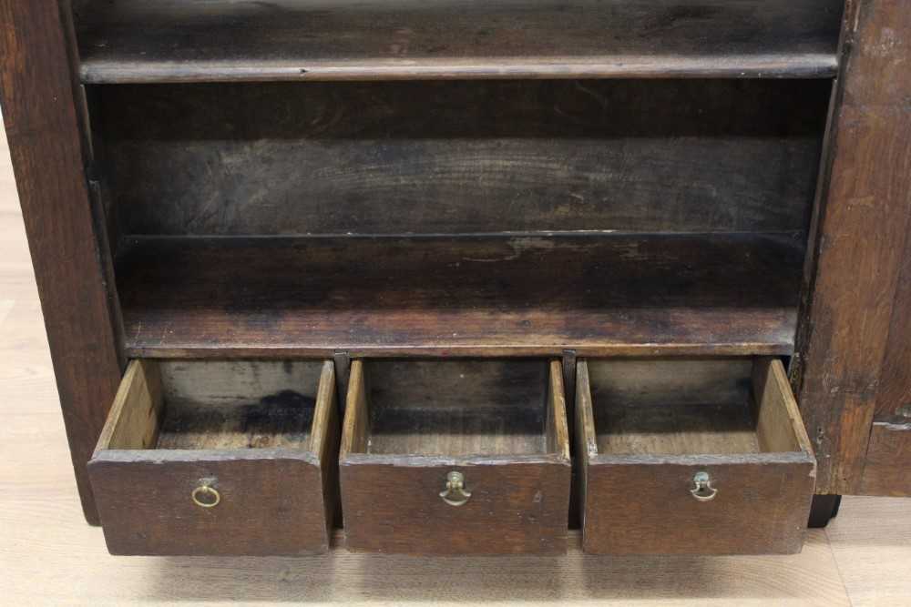 18th century oak hanging cupboard with three spice drawers and shelf enclosed by a panelled door wit - Image 4 of 7