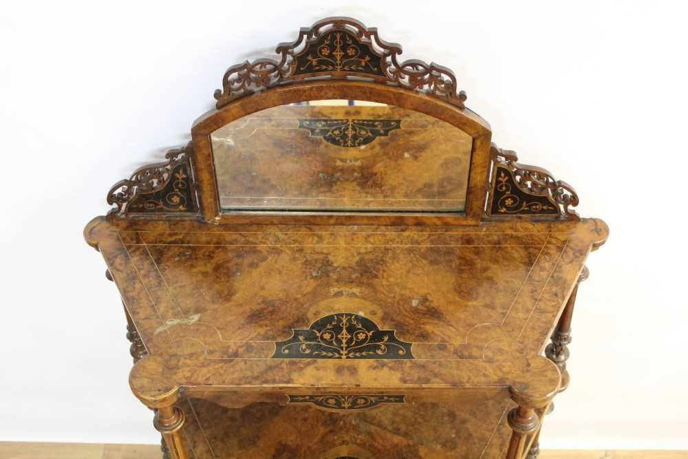 Victorian inlaid burr walnut veneered three tier whatnot with arched mirrored back, three marquetry - Image 2 of 7