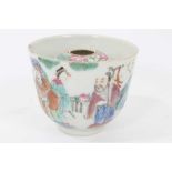 Chinese Qing porcelain 'trick cup' with famille rose figural decoration and flying bat, 8.7cm in dia