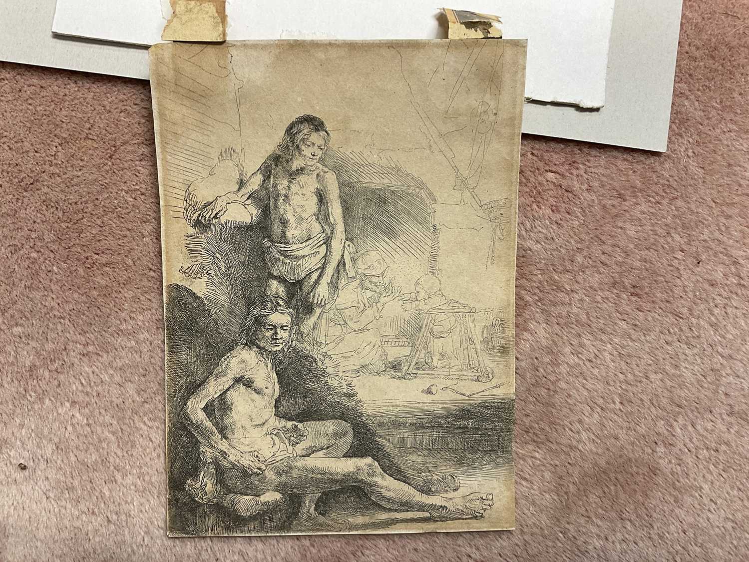 Rembrandt etching - two male nudes, a woman and baby in the background - Image 9 of 12