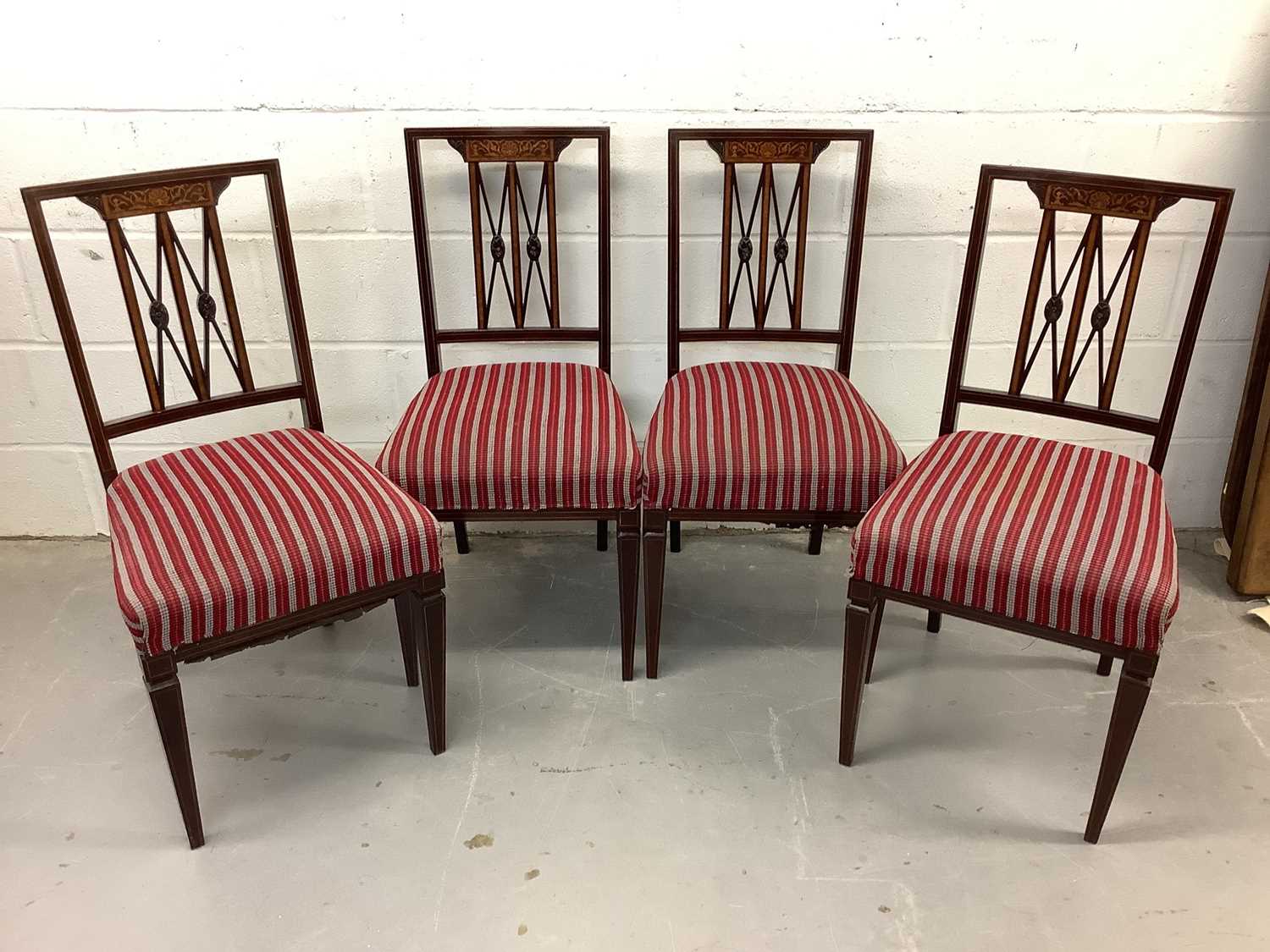 Set of four Edwardian mahogany and marquetry inlaid salon chairs