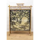Fine 19th century fire screen with a finely embroidered Chinese silk panel depicting a peacock and p