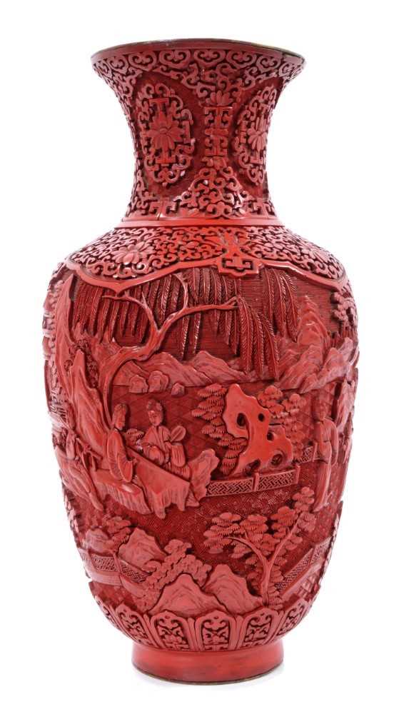 Antique Chinese red cinnabar lacquer vase with figure and tree decoration - Image 2 of 4