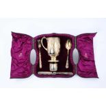 Victorian five piece silver gilt christening set,